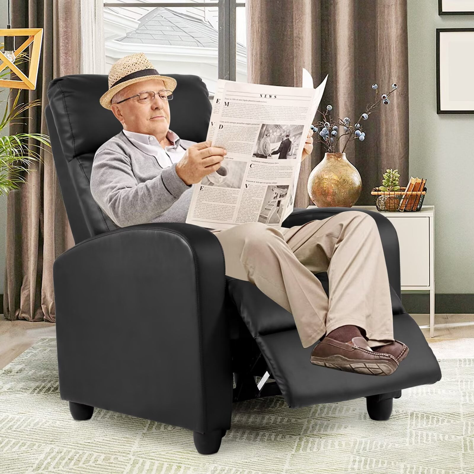 YRLLENSDAN Recliner Chair for Living Room Home Theater Seating Single Sofa Lounge with Padded Seat Backrest PU Leather for Adults, Black