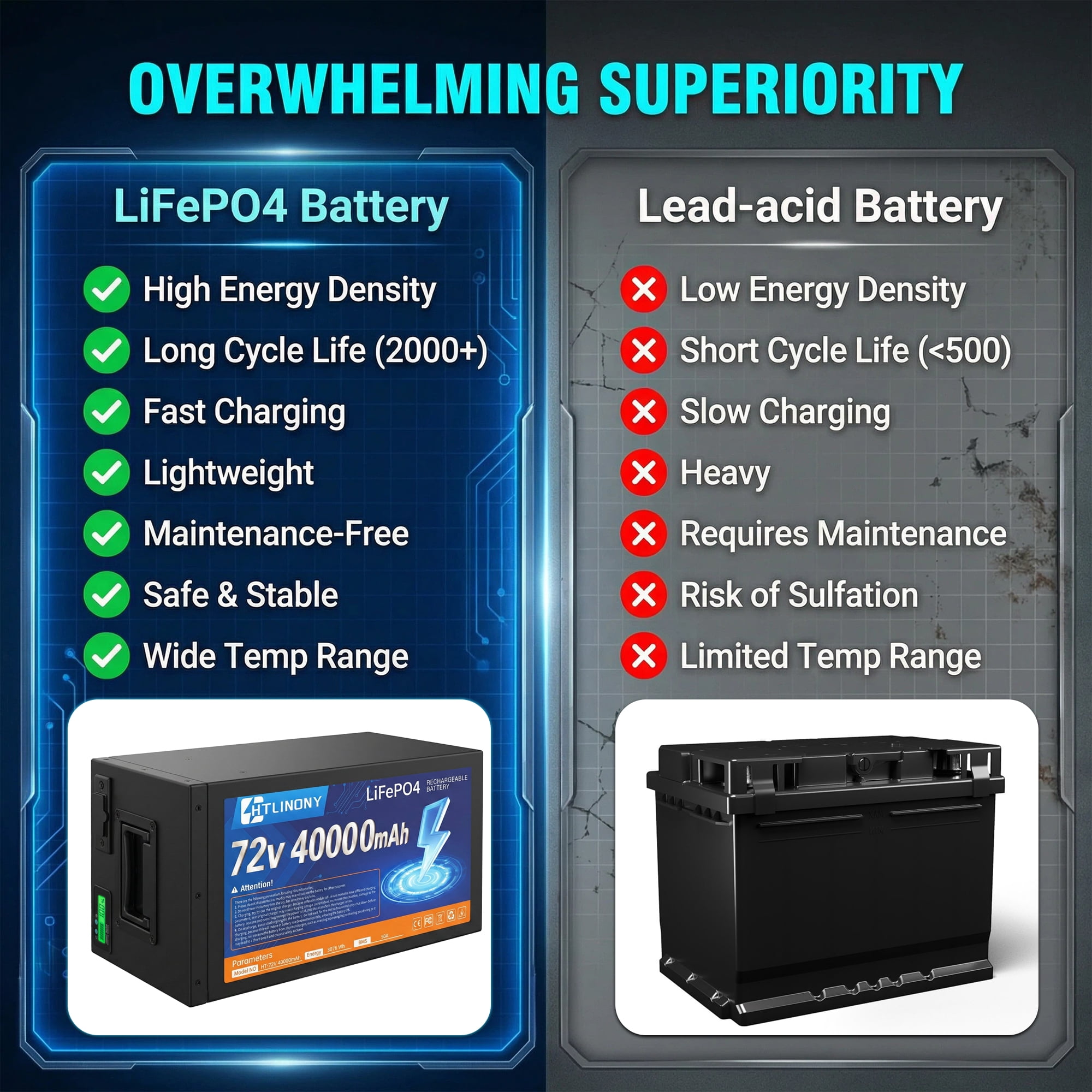 HTLINONYT 72V 40Ah LiFePO4 Electric Bike Battery, Built-in BMS, Replacement Battery for 250W-1500W Ebike & Scooter Motors
