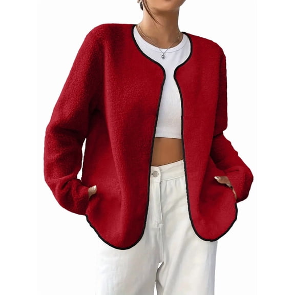 Womens Fleece Jacket Fall Winter Warm Long Sleeve Casual Loose Fit Comfy Fashion Outwear Cardigan Coat Brick Red S