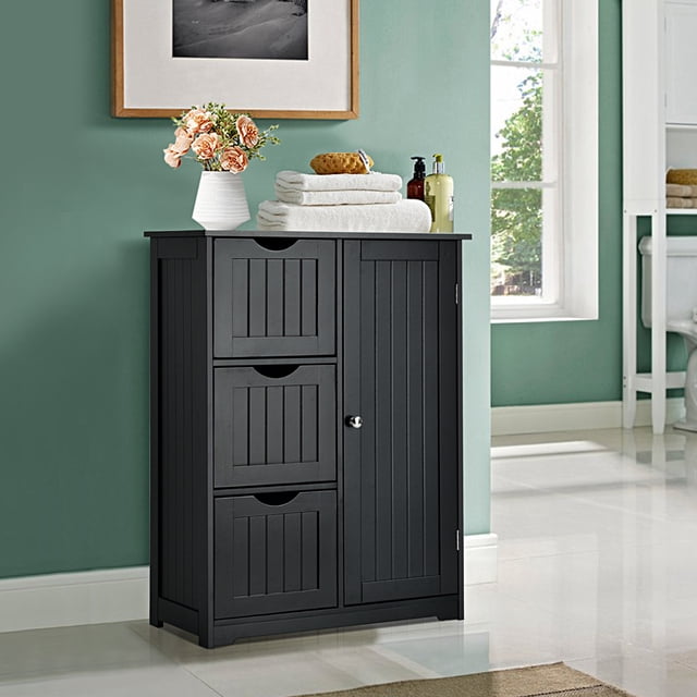 Costway Armario de Suelo para Baño con 3 Cajones y 1 Armario Estante Ajustable Mueble de Almacenamiento para Salón Dormitorio 60 x 30 x 81cm Negro