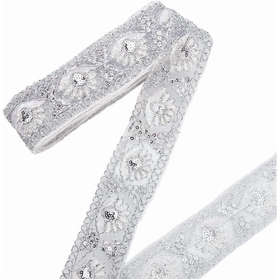 10 Yards 1.93 Inch White Flower Embroidered Ribbon Silver Sequin Bead Floral Jacquard Applique Ribbons Embroidery Woven Fabric Trim Tape DIY