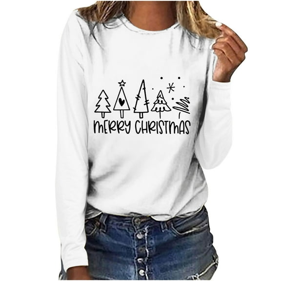 Odeerbi Christmas Tops For Women Long Sleeve Blouses MERRY CHRISTMAS Floral Print 2025 Casual Round Neck T-shirt White