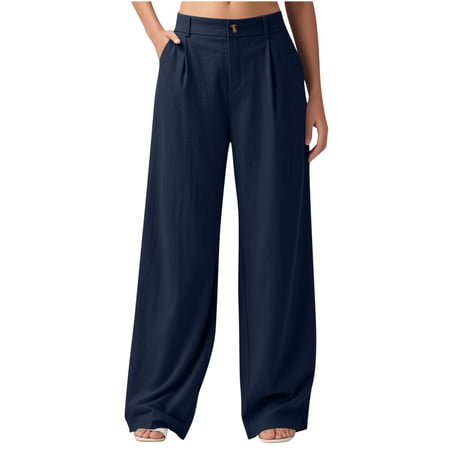 Women s Linen Pants Wide Leg Work Dress Pants High Waisted Casual Slacks Business Pants with Pockets