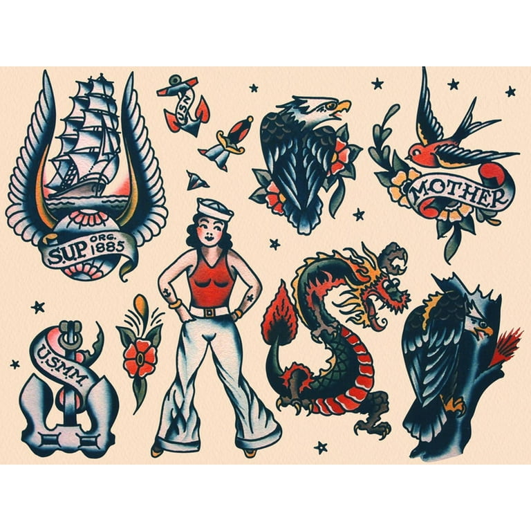 その他 Sailor Jerry Tattoo Drawings Designed By Sailor Jerry Tattoo flash art sheet (lot #166