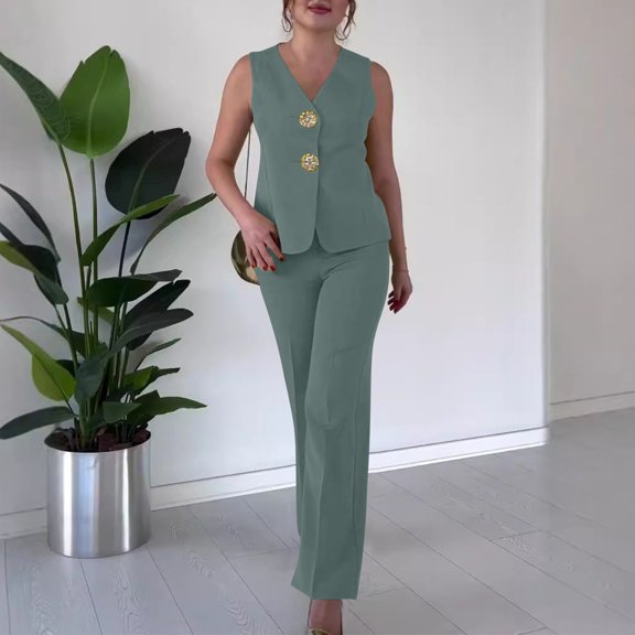 Summer Lounge Sets For Women V-neck Sleeveless High Waisted Solid Color Wide Leg Pants Green Matching Lounge Sets S-3XL
