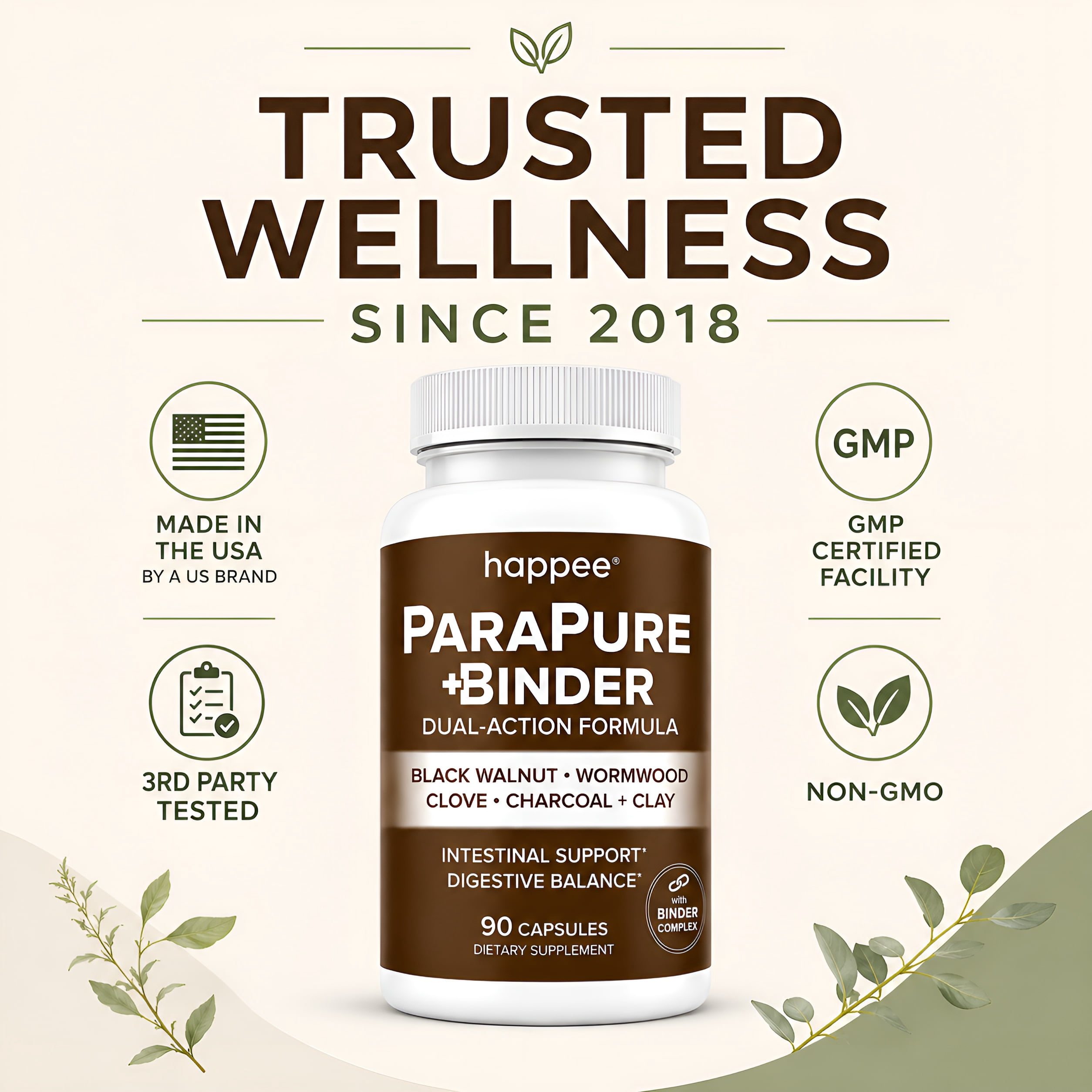 Happee Parasite Cleanse with Binder - Black Walnut & Charcoal for Digestive Support - 90 Capsules