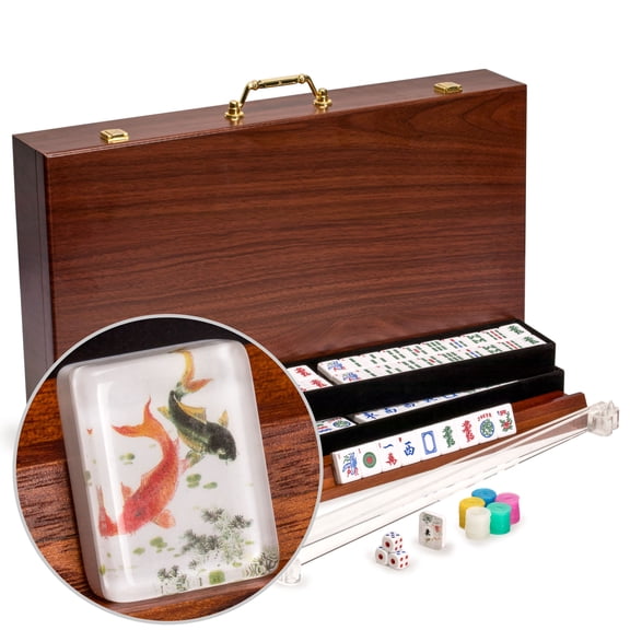 American Mahjong Set, "Koi Fish" with Wooden Case - 4 Wooden Racks, Acrylic Pushers, Scoring Coins, Dice, & Wind Indicator
