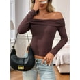 thumbnail image 3 of Womens Long Sleeve Off Shoulder Shirts Tight Fitted Y2K Ruched Tee Tops Blouses 2025 Trendy Outfits Coffee Color XL, 3 of 8