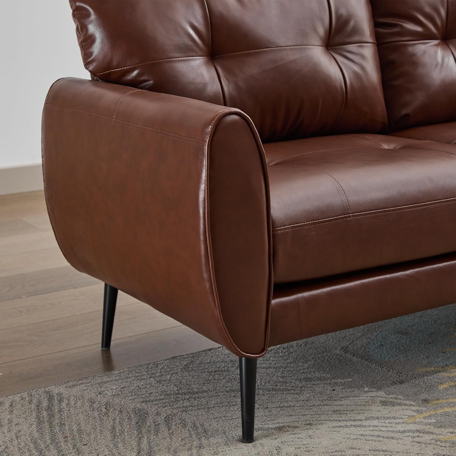 AODAILIHB 61" Mini Leather Arm Couch, 2 Seater Modern L-Shaped Sofa, Mid Century Modern Small Comfy Loveseat Sofa for Living Room, Bedroom, Office, Brown