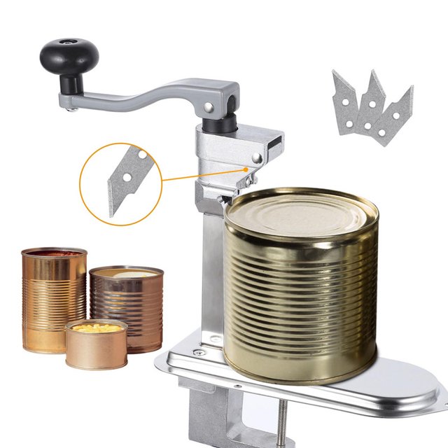 Heavy-Duty 11.8” Manual Tabletop Can Opener, Commercial Countertop Can Opener with 3 Extra Blades, Stainless Steel Blade & Plated Steel Base for Kitchen, Restaurant, and Catering Use