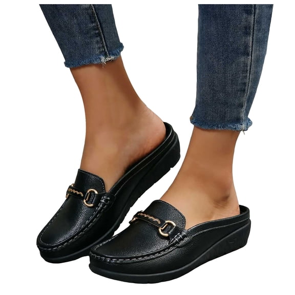 Rokment Mules Dressy Slippers for Women Ladies Trendy Casual Buckles Leather Closed Toe Sandals Comfortable Walking Slip on Backless Loafers Summer Fall Black Size 6.5