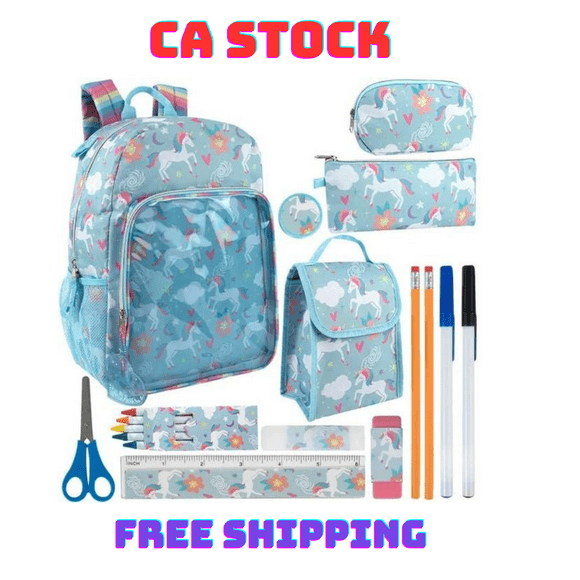 Dweep Sara Girls School backpack 17" Unicorn Pattern waterproof Backpack & Lunch Bag with 18-Piece School Supply Kit