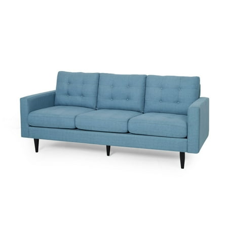 Benjara Apex Sofa, 3 Seater, 83 Inch, Button Tufted, Light Blue Fabric, Black