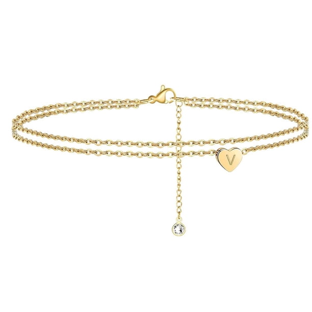 Pulseras para mujer, regalos para mujer 2022, nuevas pulseras de playa con inicial de corazón para mujer, delicada tobillera en capas bañada en oro de 14 quilates, pulseras de corazón con inicial de l