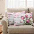 thumbnail image 2 of Romantic Tulips Pillow Covers 2 Pack Rustic Floral Leaf Pink Ribbon Plaid Wood Grain Pillowcase Waterproof Outdoor Throw Pillow Cover for Patio Balcony Rectangular Cushion 20”x12”, 2 of 9
