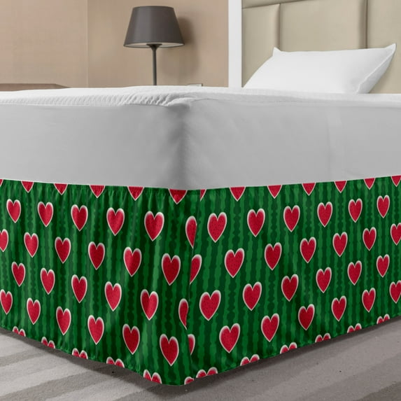 Hearts Bed Skirt, Love in Watermelon Pattern with Seeds Fruit Design, Elastic Bedskirt Dust Ruffle Wrap Around for Bedding Decor, 4 Sizes, Apple Green Dark Coral, by Ambesonne