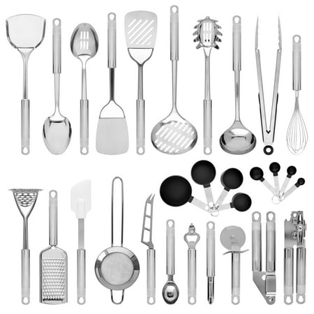 Best Choice Products 29-Piece Stainless Steel Kitchen Cookware Utensils Set with Spatulas, Can and Bottle Openers, Measuring Cups, Whisk, Ladles, Tongs, Pizza Slicer, Grater, Strainer, (Best Cooking Utensils For Ceramic Cookware)