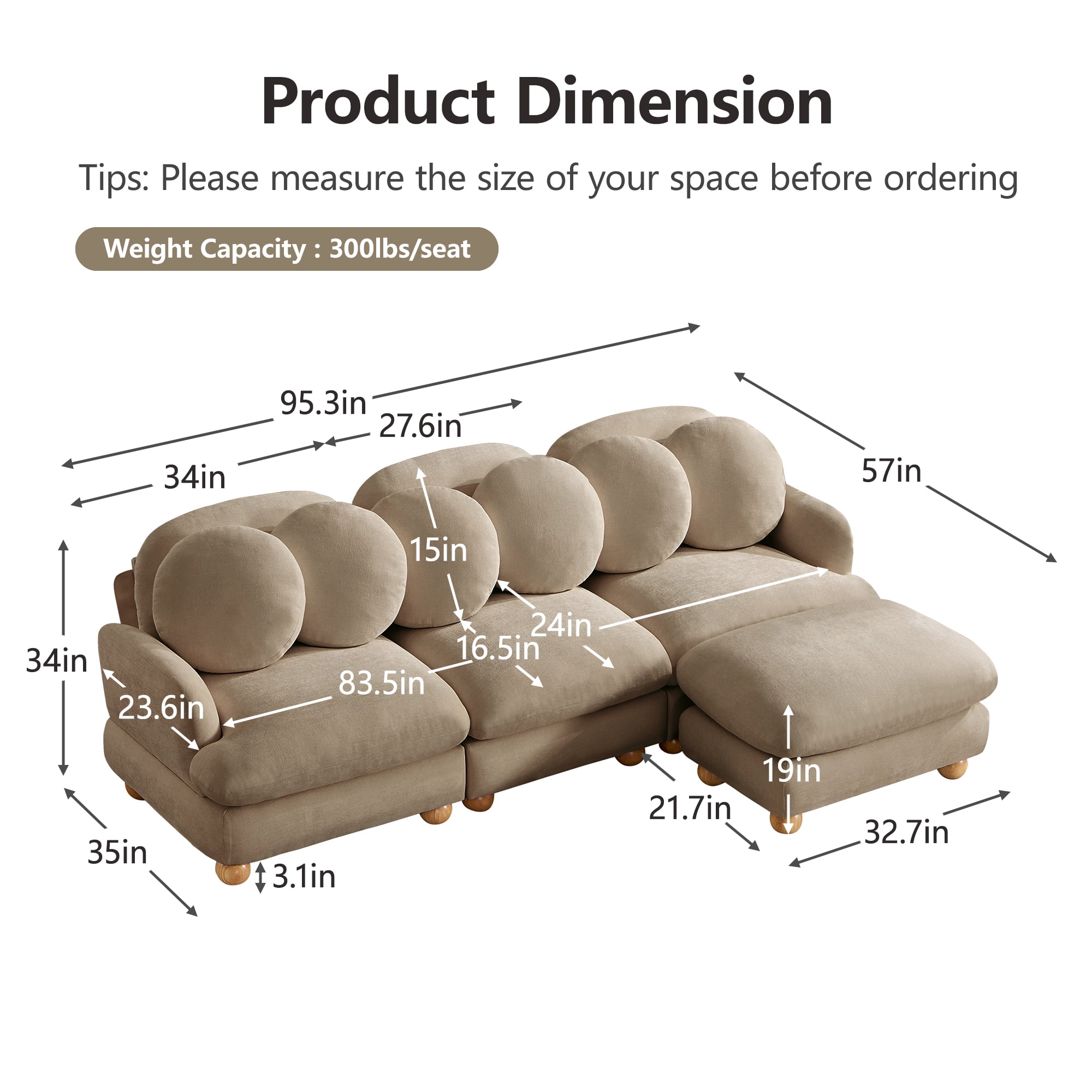 95" L-shaped 4 Seater Comfy Chenille Modular Sectional Sofa Couch with 6 Throw Pillows and Ottoman