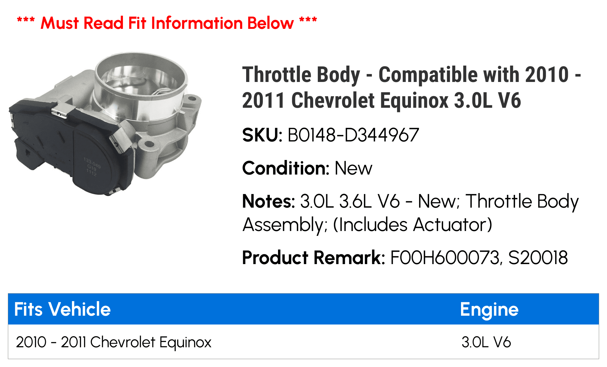 Throttle Body - Compatible with 2010 - 2011 Chevy Equinox 3.0L V6
