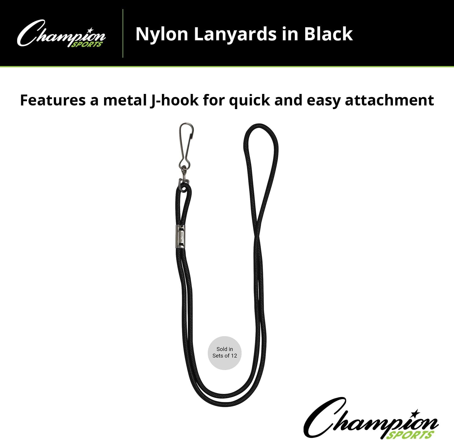 Champion Sports Nylon Lanyards with J-Hook Clip, Black, 22 Inch