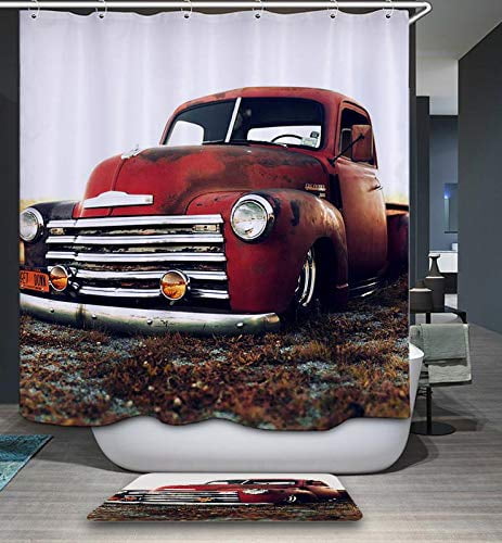 GoJeek Chevy Truck Shower Curtain Retro Rustic Red Truck Cars Bathroom Decor (72?x72?)