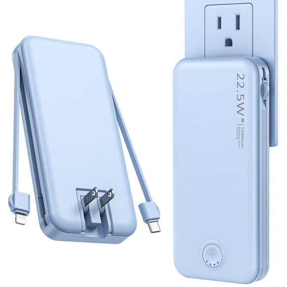 Cargador portátil Nusyddy de 12000 mAh con cable y enchufe integrados