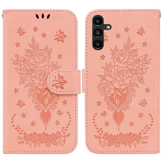 SaniMore for Samsung Galaxy A13 5G PU Leather Case, Magnetic Closure Flip Wallet Embossed Cover with Wrist Strap Card Slot & Multi-Angle Kickstand Shockproof Protective Shell, Pink