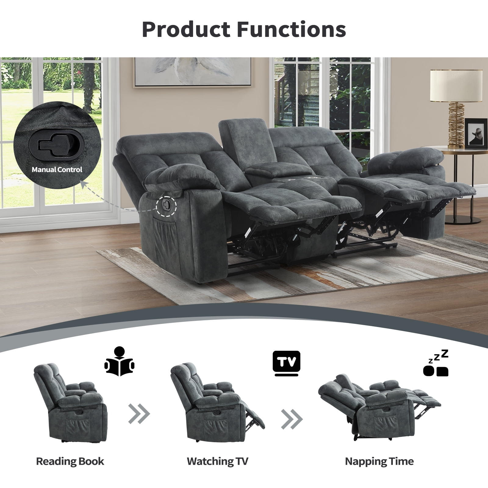 Bonzy Home Reclining Loveseat 2-Seat Manual Recliner Sofa with Hidden Armrest Cup Holders, Breathable Fabric, Grayish Green