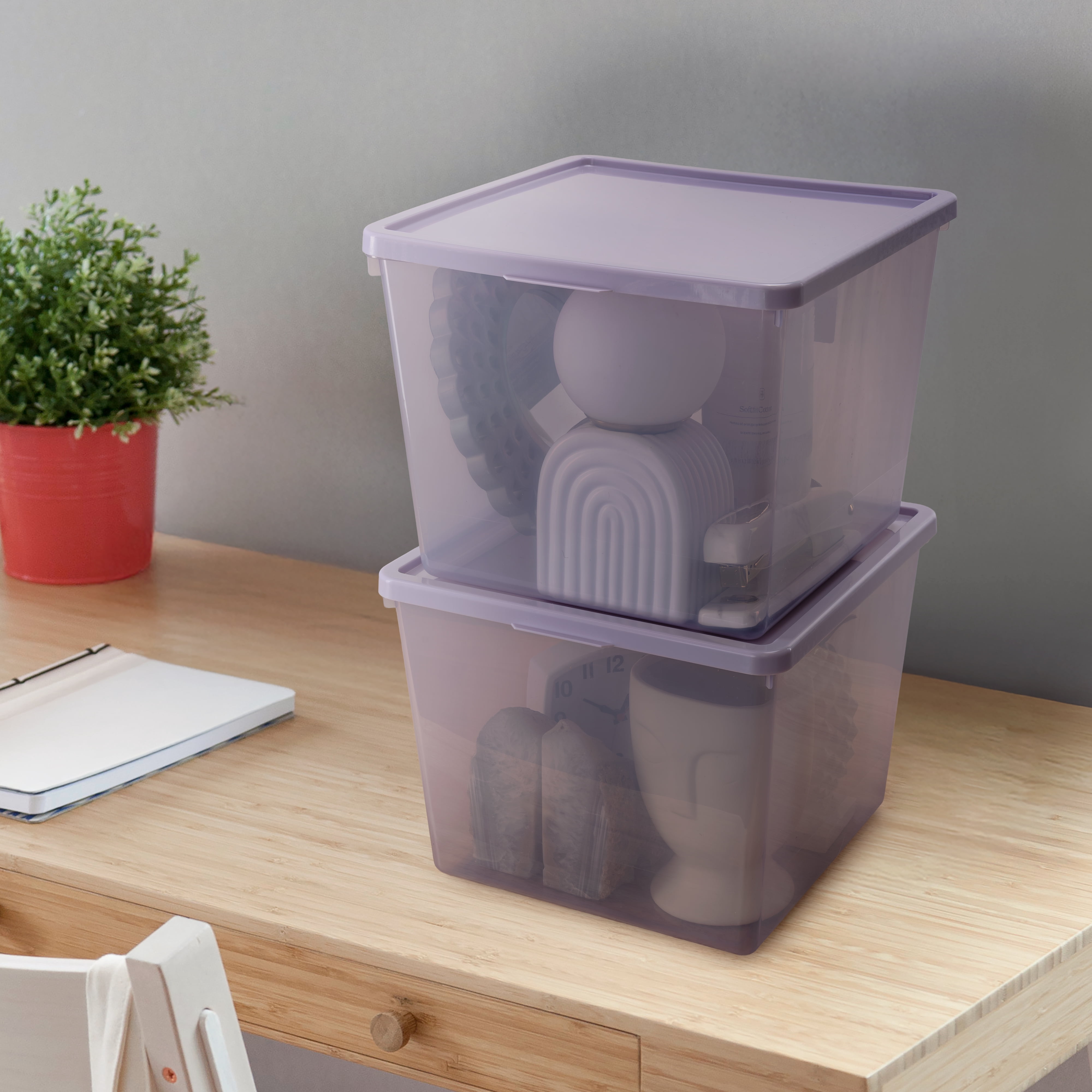 Mainstays Large Plastic Modular Stacking Storage Bin with Lid, Iris Tint