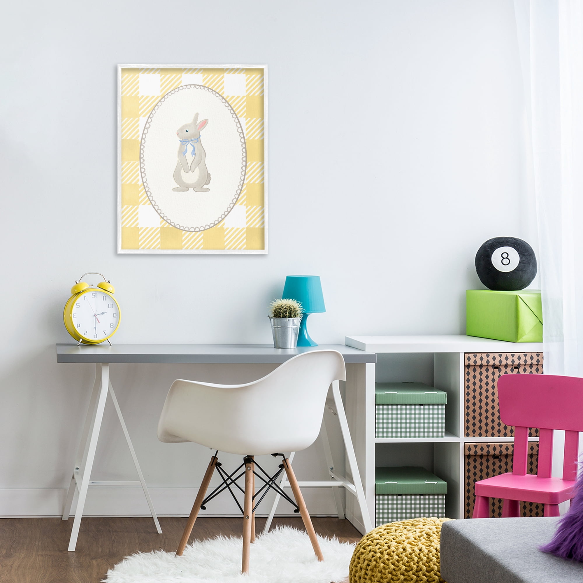 Stupell Industries Little Bunny on Yellow Gingham White Framed Giclee Art, design by The Paper Curator