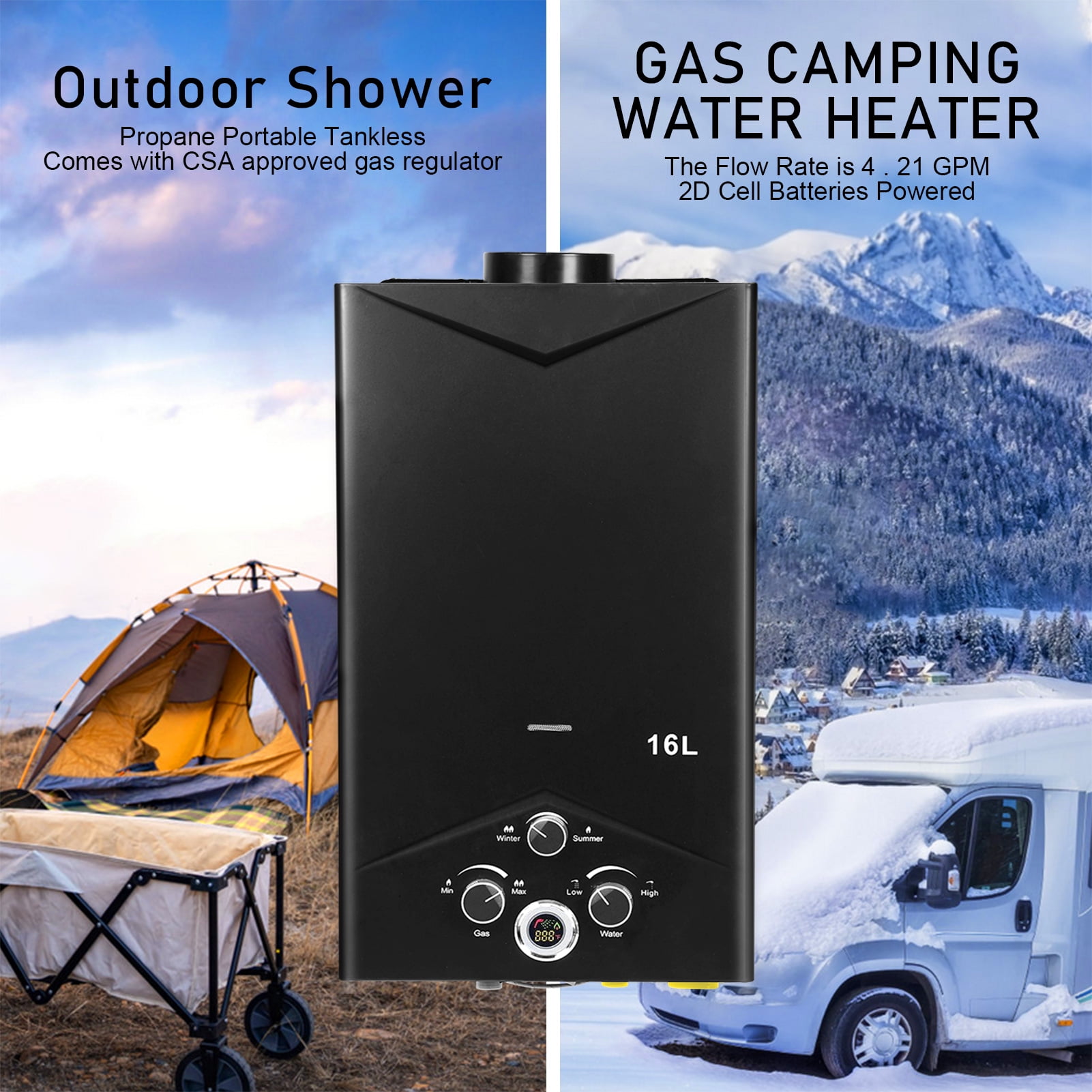 Tankless Water Heater 4.21GPM 16L Outdoor Portable GasHot Water Heater Instant Propane Water Heater with Digital Display Multi-Protection for Camping Trips Boat Cabins
