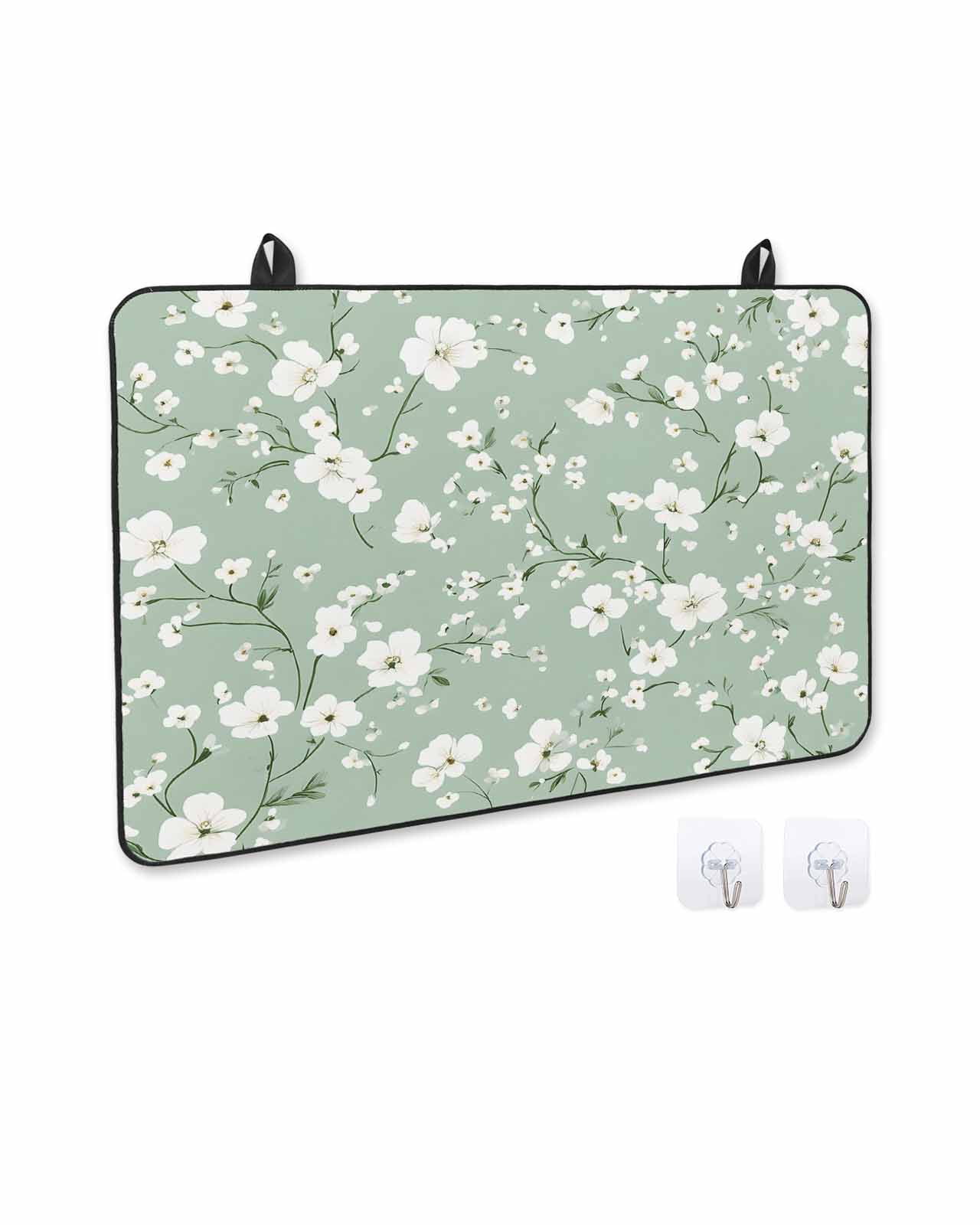 nqOlkjepod Large Induction Cooktop Protector Mat 24"x21", White Spring Floral Stove Top Covers for Electric Stove, Sage Green Botanical Watercolor Stove Burner Cover Mats, Glass Top Stove Cover