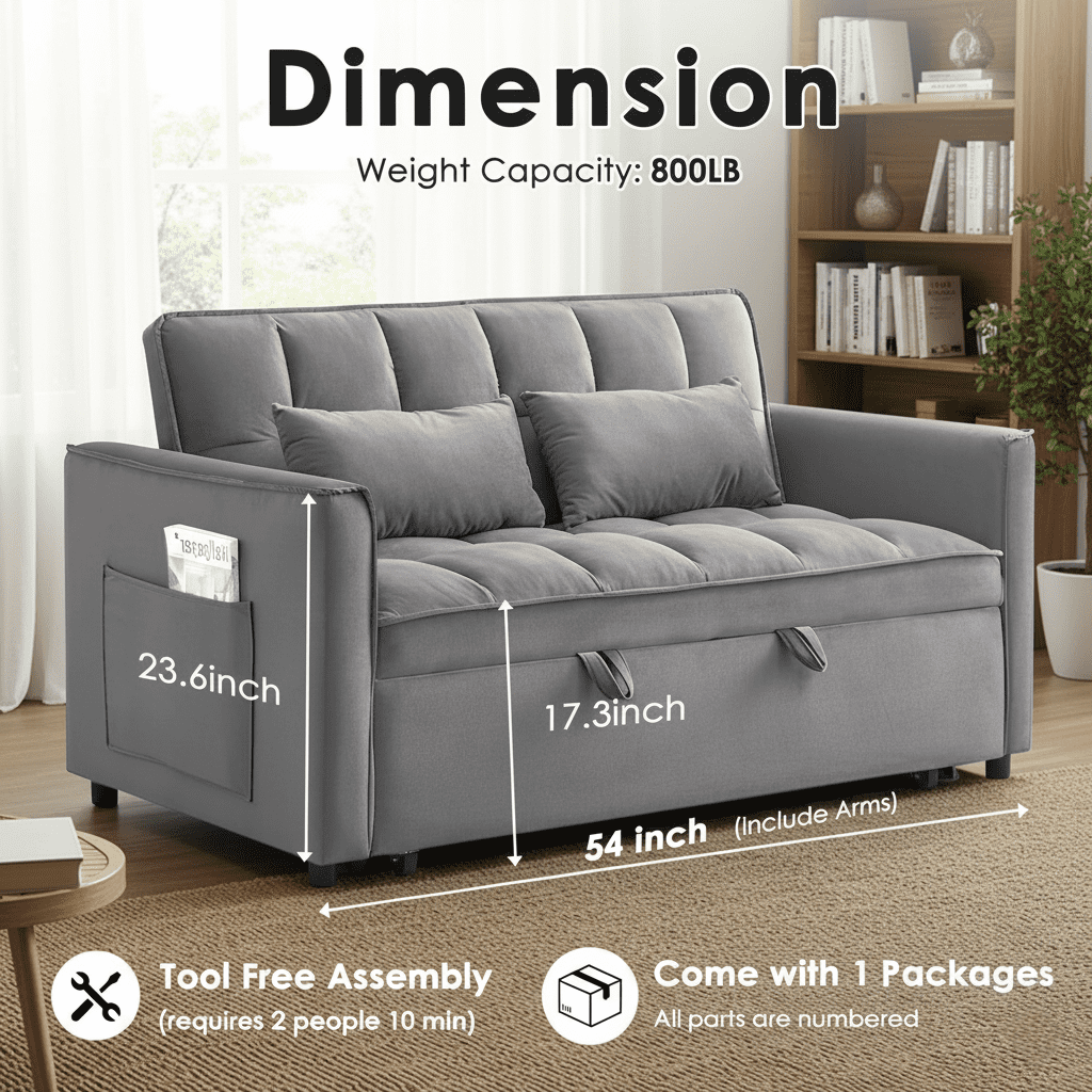 Xiweot 3 in 1 Sofa Bed, 55" Convertible Sleeper Sofa with Pull Out Couch & Adjustable Backrest, Velvet Loveseat Sofa with Side Pockets for Living Room, Bedroom, Apartment, and Small Space (Dark Gray)