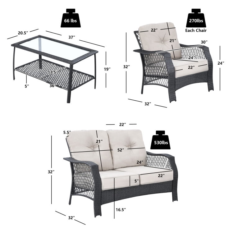 Aimee Lii 4 Pieces Patio Wicker Furniture Set with Cushion, Coffee Table, Outdoor Patio Furniture Sets, Beige Aimee Lii 4 Pieces Patio Wicker Furniture Set with Cushion, Coffee Table, Outdoor Patio Furniture Sets, Beige