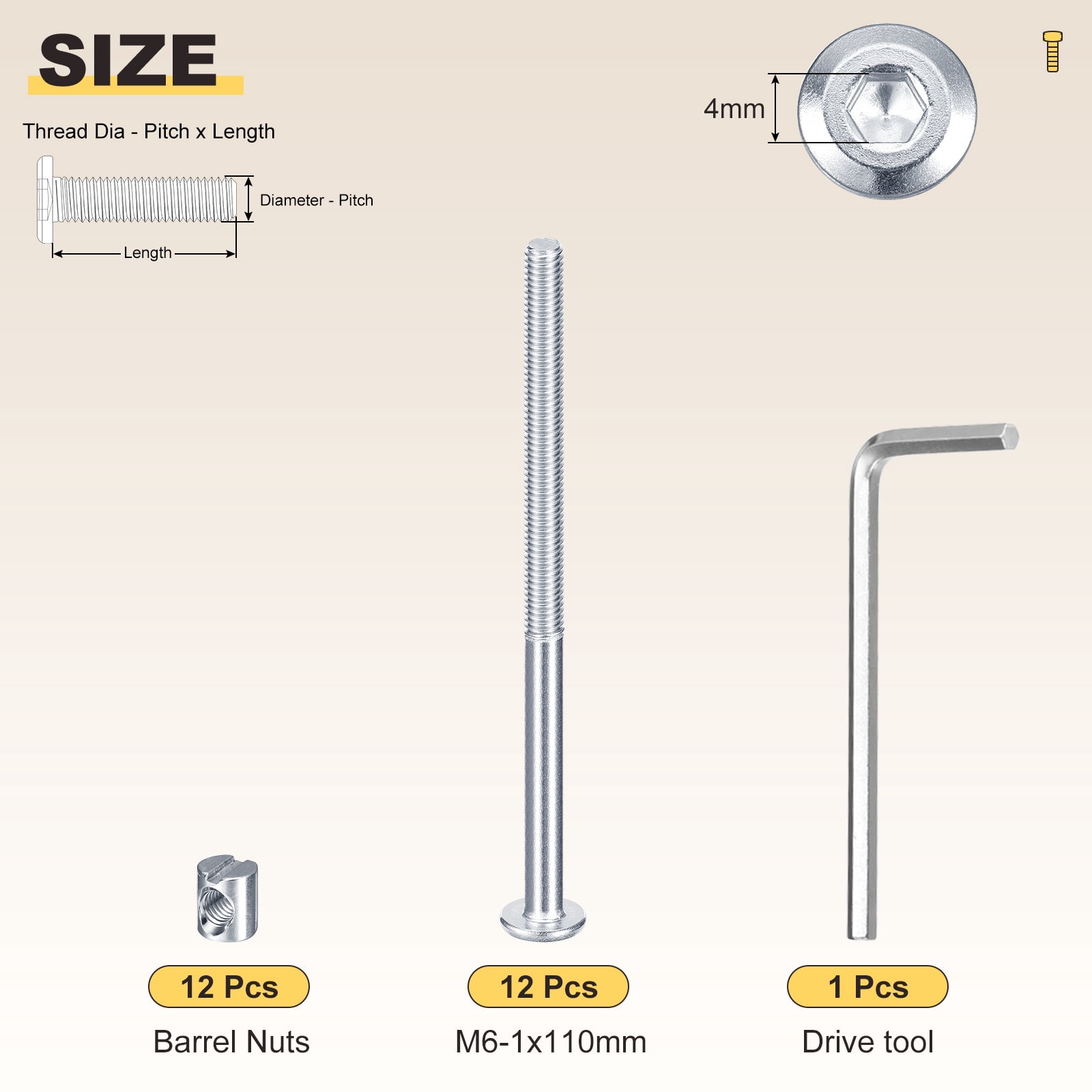 Uxcell Furniture Connector Bolt Cap Nut Kit with Wrench(M6-1x90mm) 24Pcs, Connector Bolts M6 Countersunk Screw Barrel Nuts
