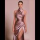 thumbnail image 5 of Vestido de Dama de con Cuello Halter y Abertura, Vestido de Fiesta de Satén, Vestido de Noche Formal de Sirena Plisado Colorante para Pasta de Frijoles M, 5 of 8