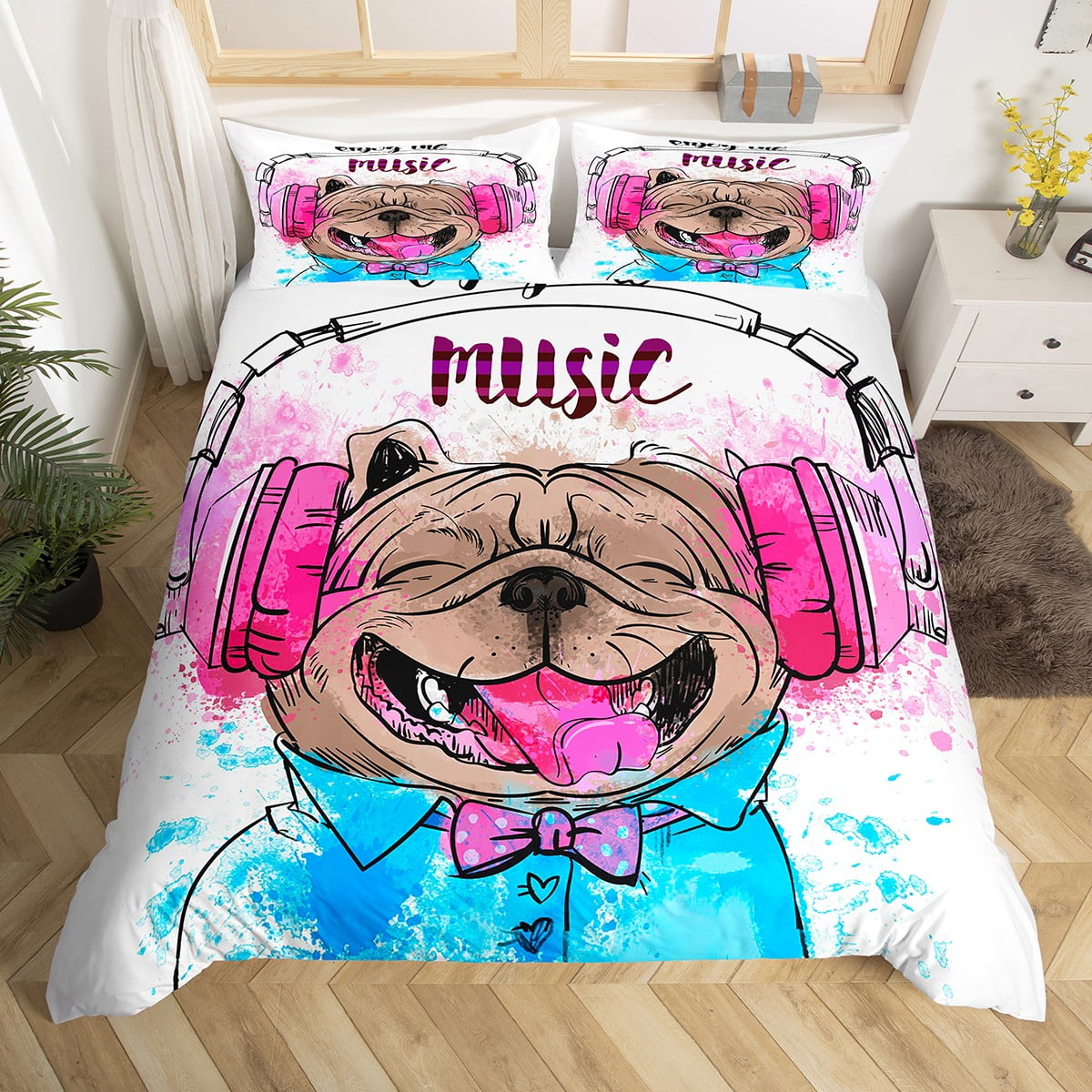 YST Kawaii Dog Duvet Cover Full Hip Hop Music Bedding Set, Pink