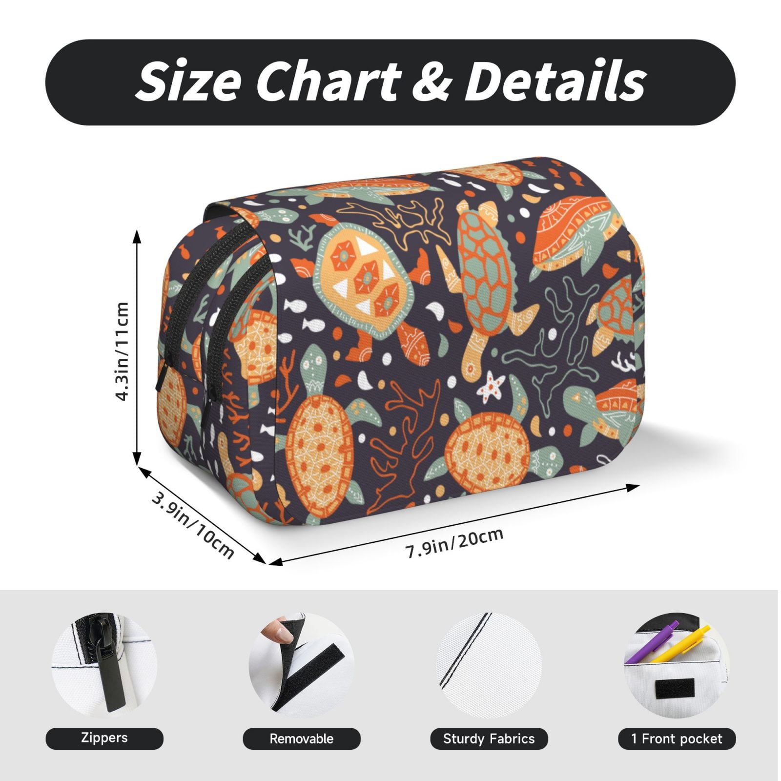 Rateoe Turtles and Sea Plants Pattern Double Clamshell Pen Case, Storage Organizer with Two Zipper Compartments– Holds Up to 50 Pencils & Pens