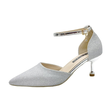 

Ladies Fashion Solid Color Pointed Toe Sandals Sequin Buckle Thin High Heel Shoes