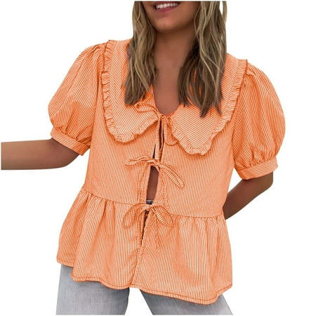 ZyeKqe Womens Striped Shirt Lace up Cute Babydoll Tops Puff Sleeve Blouse 2025 Summer Clothes
