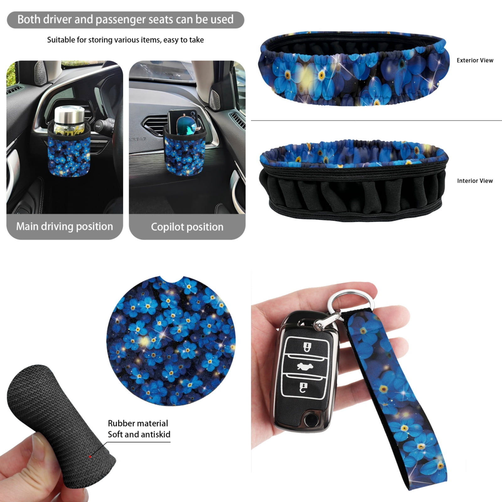 Yuyamidu 15 Pack Blue Flower Car Seat Cover Full Set Women Auto Seat Protector with Steering Wheel Cover Seat Belt Pads Trash Bin Air Vent Organizer Rear View Mirror Cover Coasters Key Chain