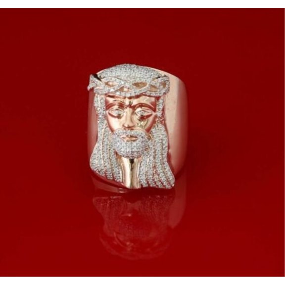 King of Bling's 10K Rose Gold Finish Lab Created Diamond Silver Ladies Adjustable Ring Size 9