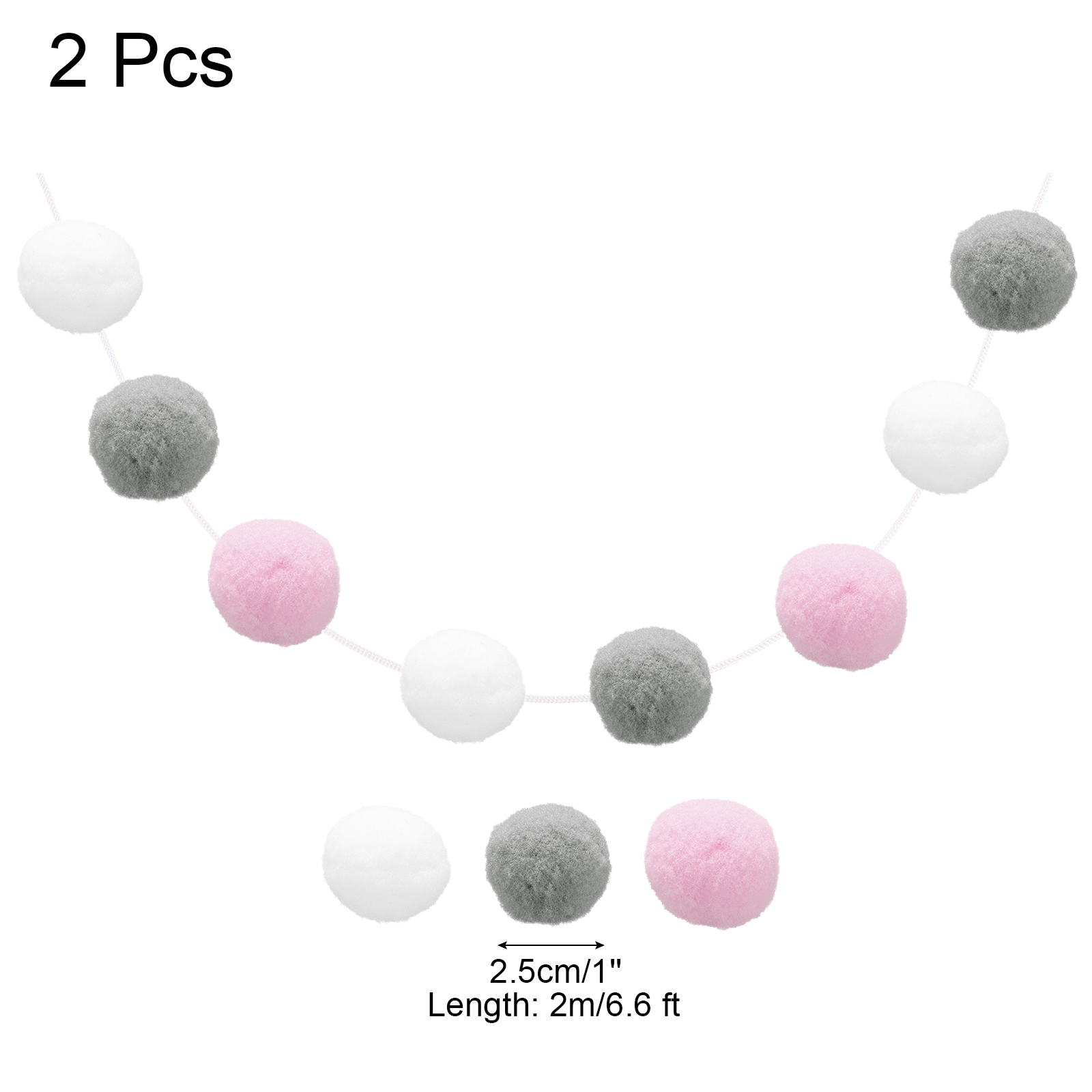 Unique Bargains 2Pcs Pom Pom Garland Colorful Felt Ball for Decor White Grey Pink