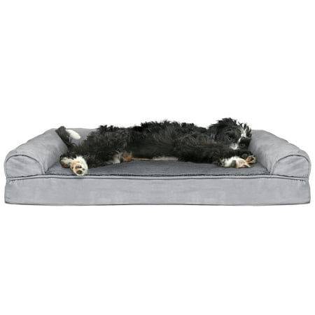 UPC: 0842229106060 | FurHaven Pet Products Plush & Suede Cooling Gel Memory Foam Sofa-Style Pet Bed for Dogs & Cats – Gray Large