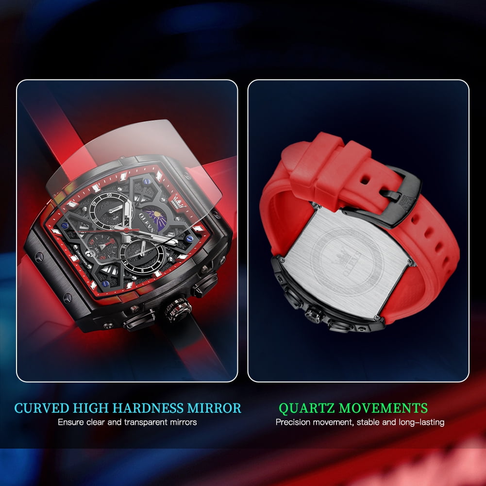 OLEVS Watches for Men Chronograph Waterproof Luxury Dress Quartz Silicon Strap Multifunction Moon Phase Calendar Luminous Men Wrist Watches Reloj Para Hombre Black/Red