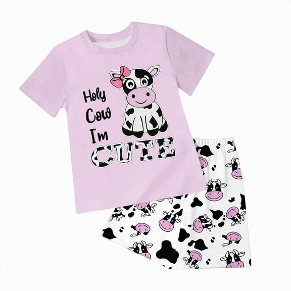mgoYE Toddler Girls Clothes Boys Cow Print T-shirt Shorts Cute Summer Short Set Indoor Clothes(Light Purple,7-8 Years)