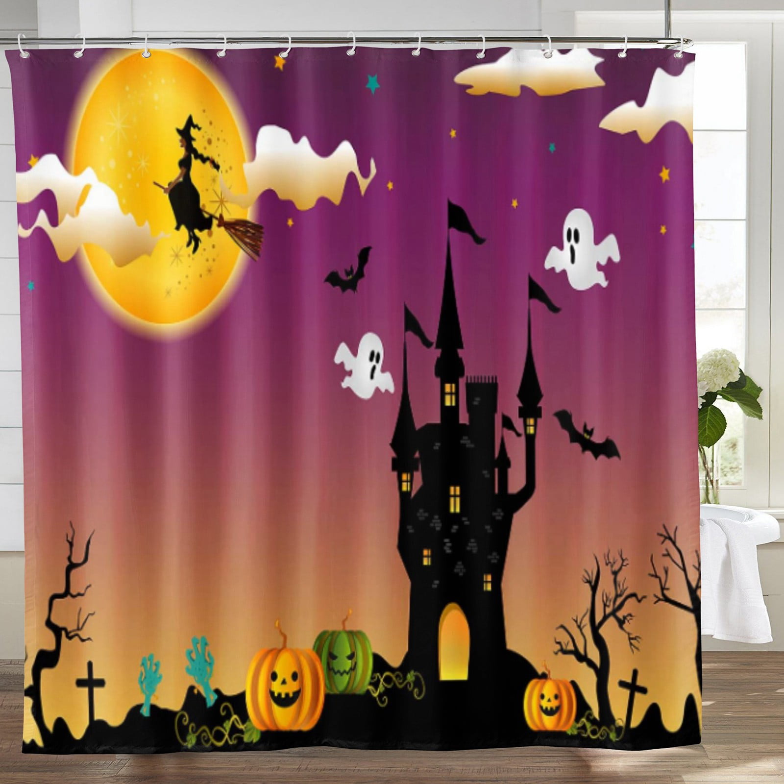 BCNEW Magic Castle Shower Curtain Halloween Magic World Fantasy Building Blue Sky Stone Hill Night Scenery Bathroom Curtain Polyester Fabric with