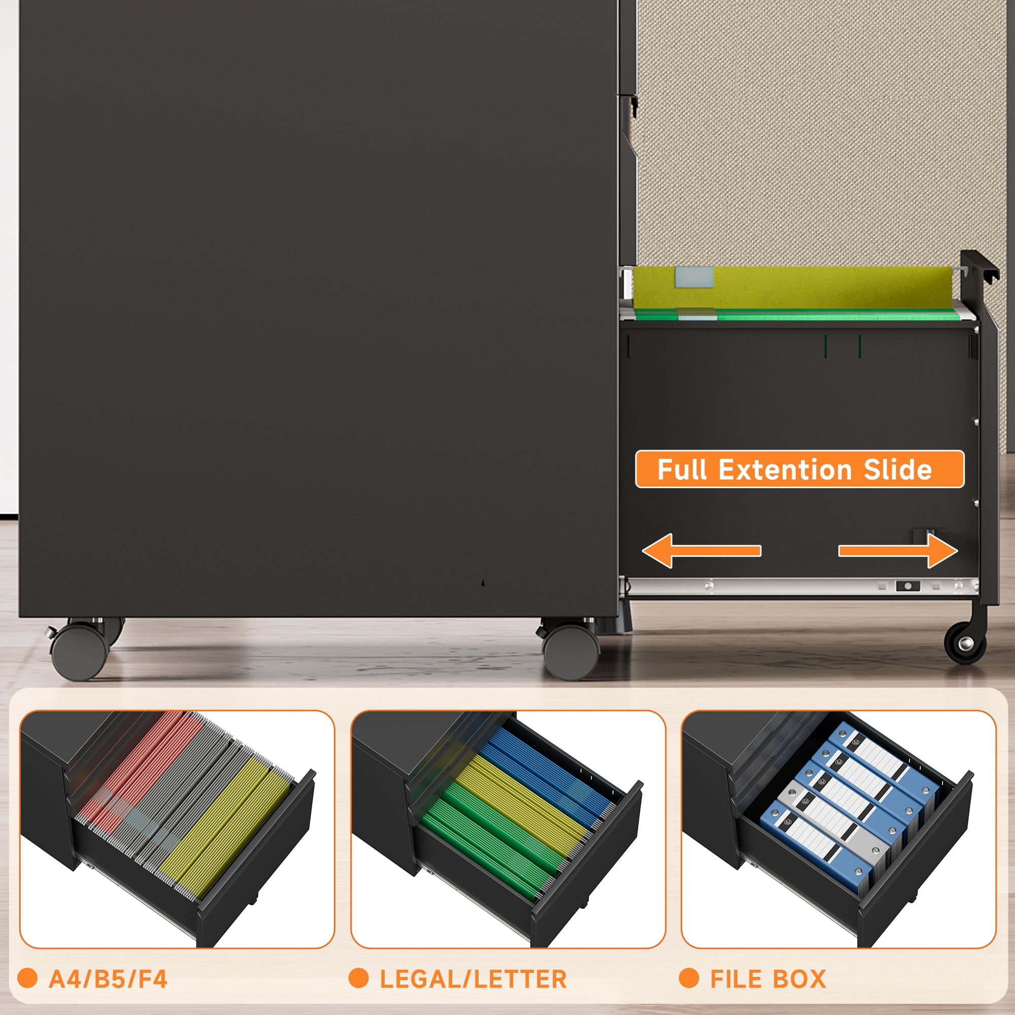TOPASS 3 Drawer Mobile File Cabinet, Under Desk Metal Storage Cabinet with Wheels, Requires Installation (Black)