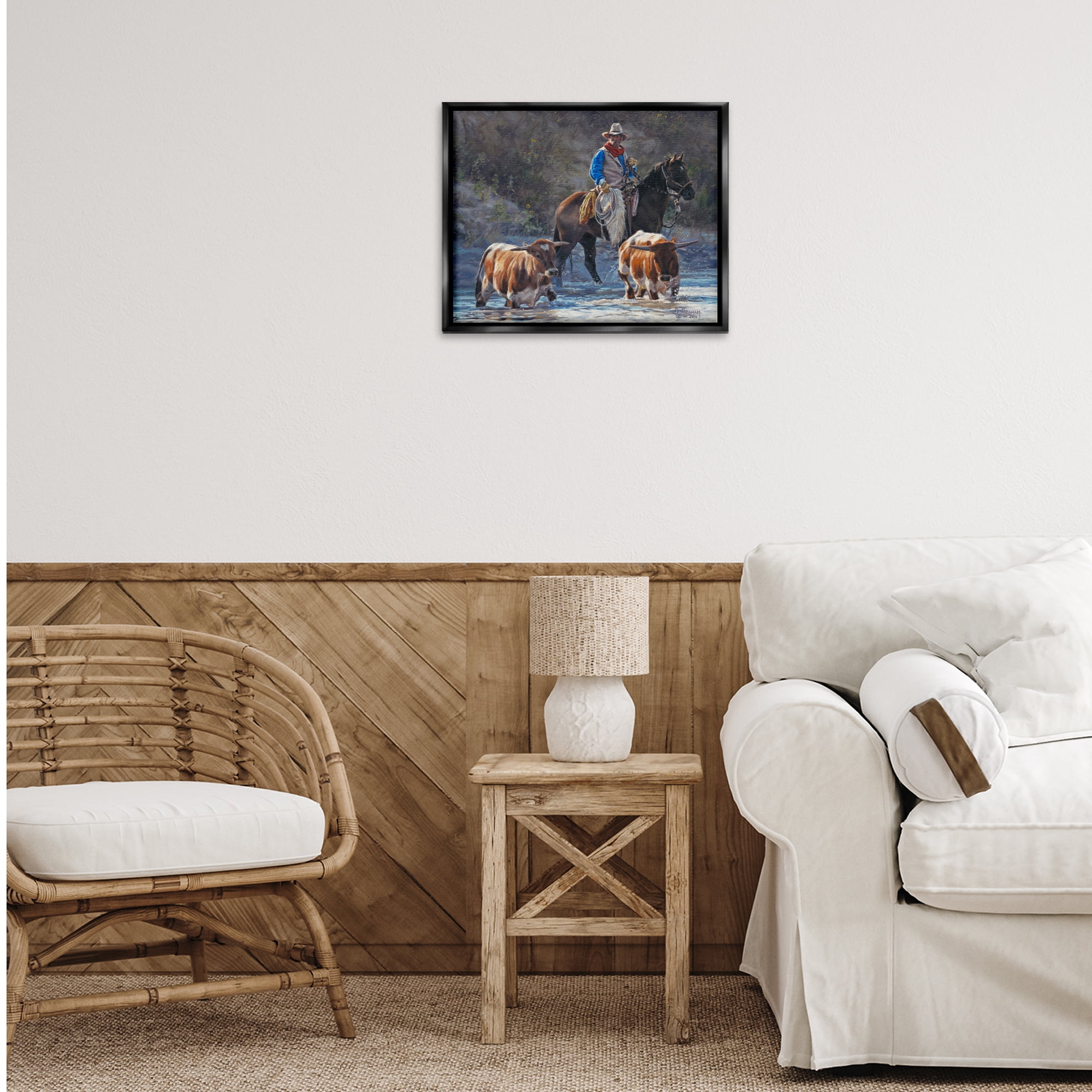 Stupell Industries Cowboy Crossing River Animals & Insects Painting Black Floater Framed Canvas Art Print Wall Art, 21 x 17