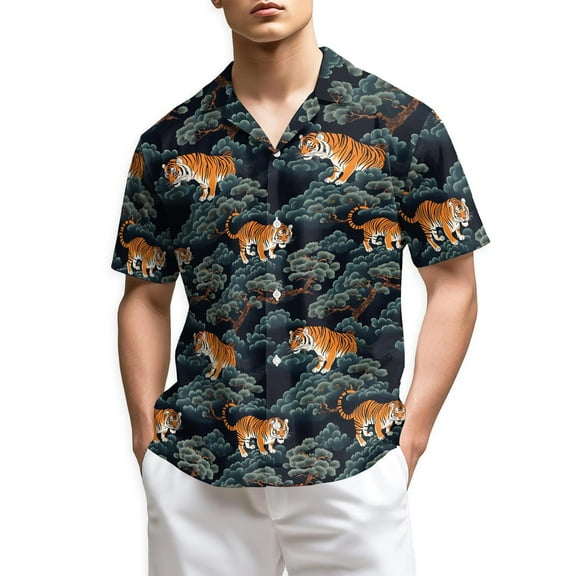 Netecom Tiger Pattern Hawaiian Shirt for Men, Button Down Summer Beach Short Sleeve, Sizes S-5XL
